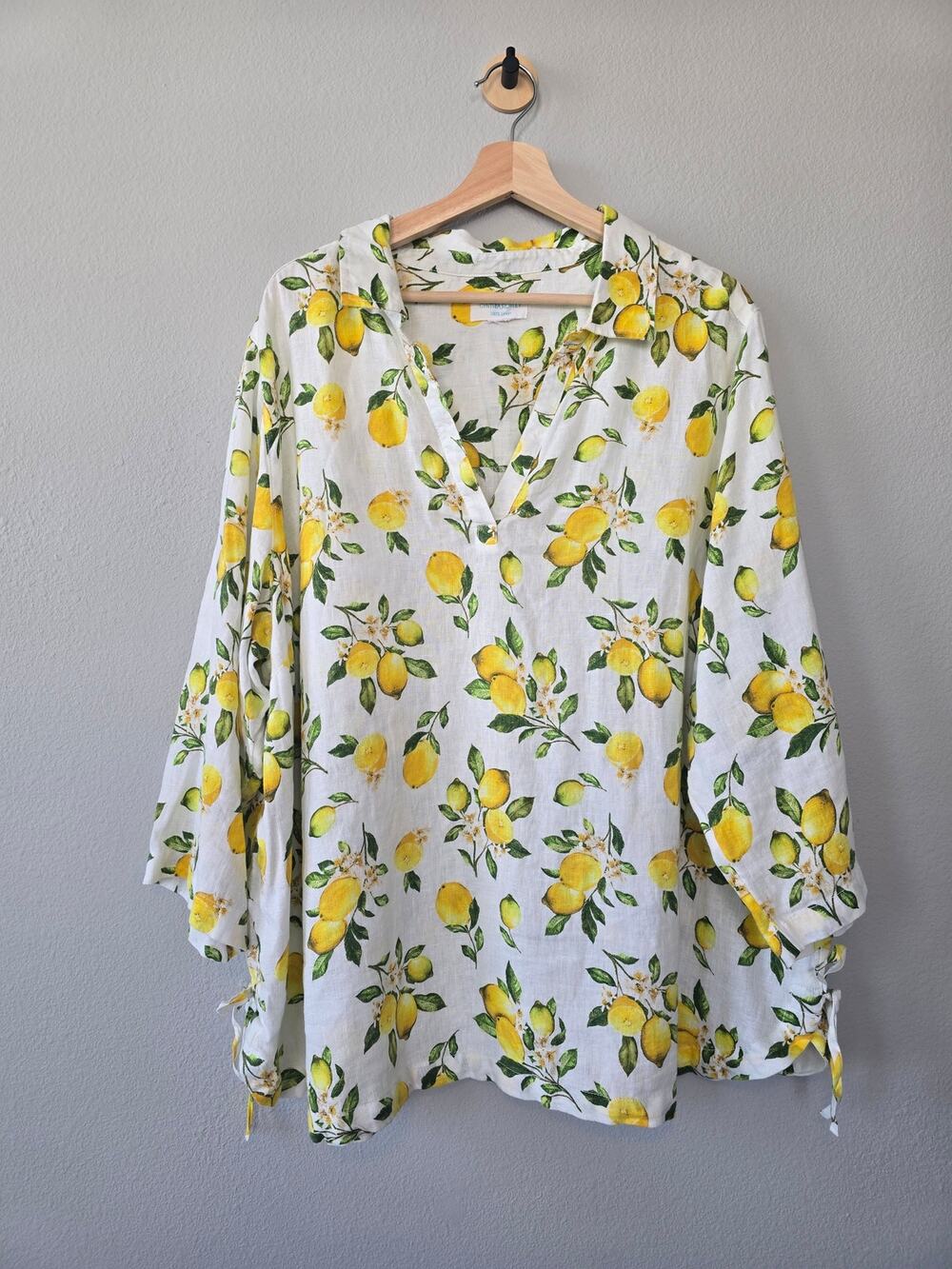 Cynthia Rowley 100% Linen Lemon Print Tunic Top Plus Size 2X 3X Italian Summer
